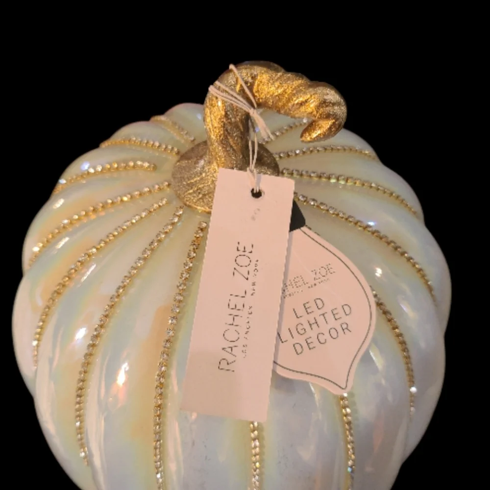 Stunning Rachel Zoe Opal Rhinestone Lighted Glass Pumpkin Thanksgiving Halloween
